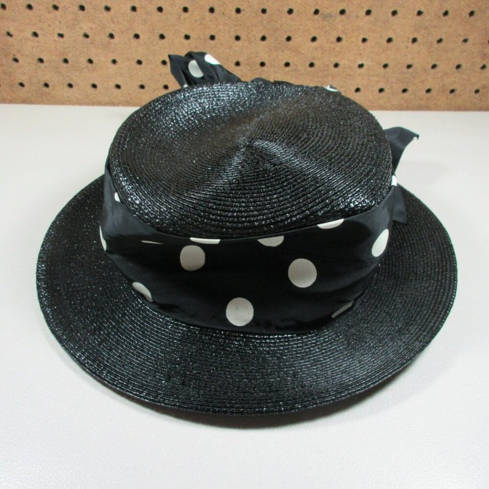 Frank Olive Neiman Marcus womens black white polka dots bow fedora OS